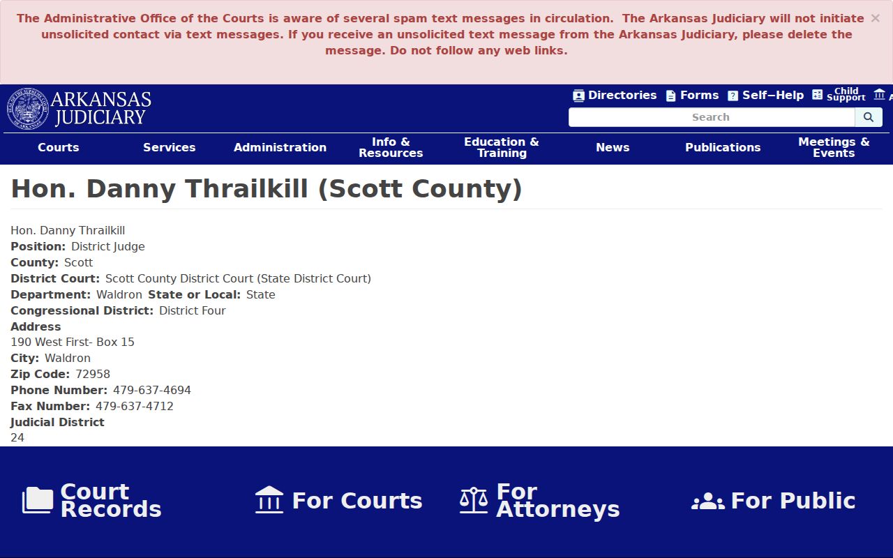 Arkansas Judiciary page showing the Scott County judicial district assignment