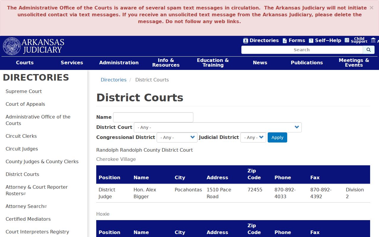 Official Arkansas Judiciary listing for Scott County District Court