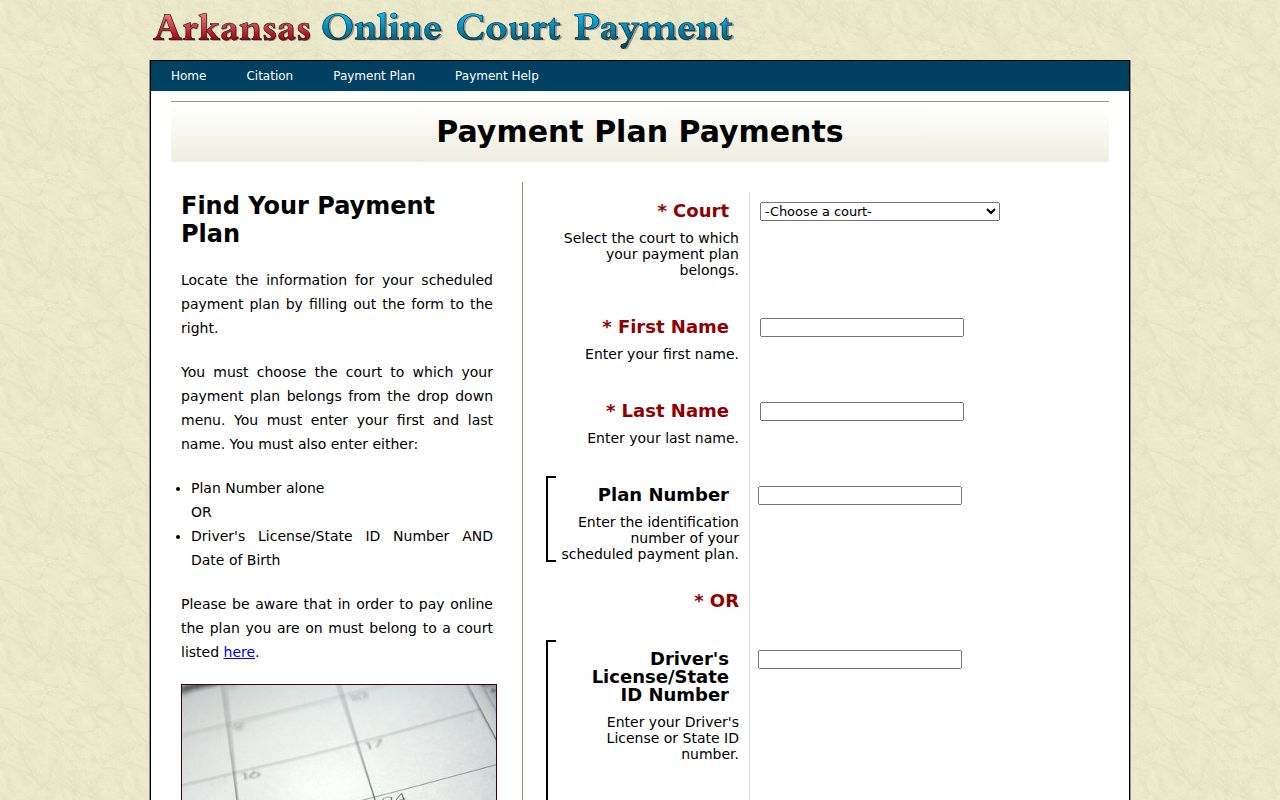 Arkansas payment-plan search showing court and name fields for Scott County