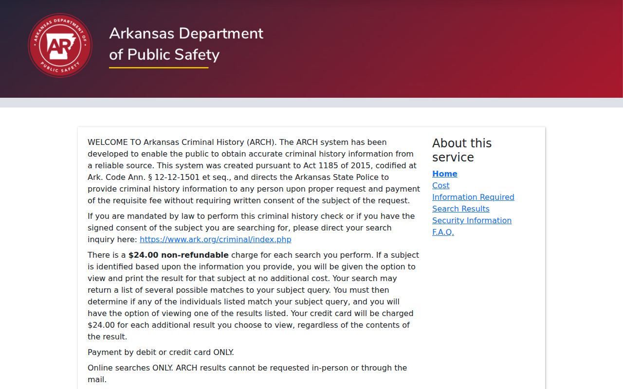 Arkansas ARCH criminal-history search page with active-warrant coverage limits