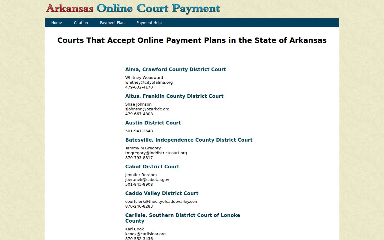 Arkansas Judiciary payment-plan contact listing for Waldron in Scott County