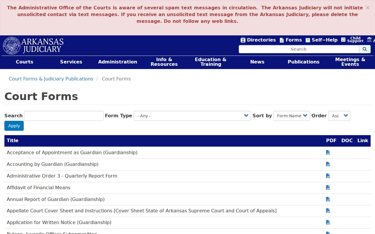 Arkansas court forms listing for arrest warrant, summons, and surety orders