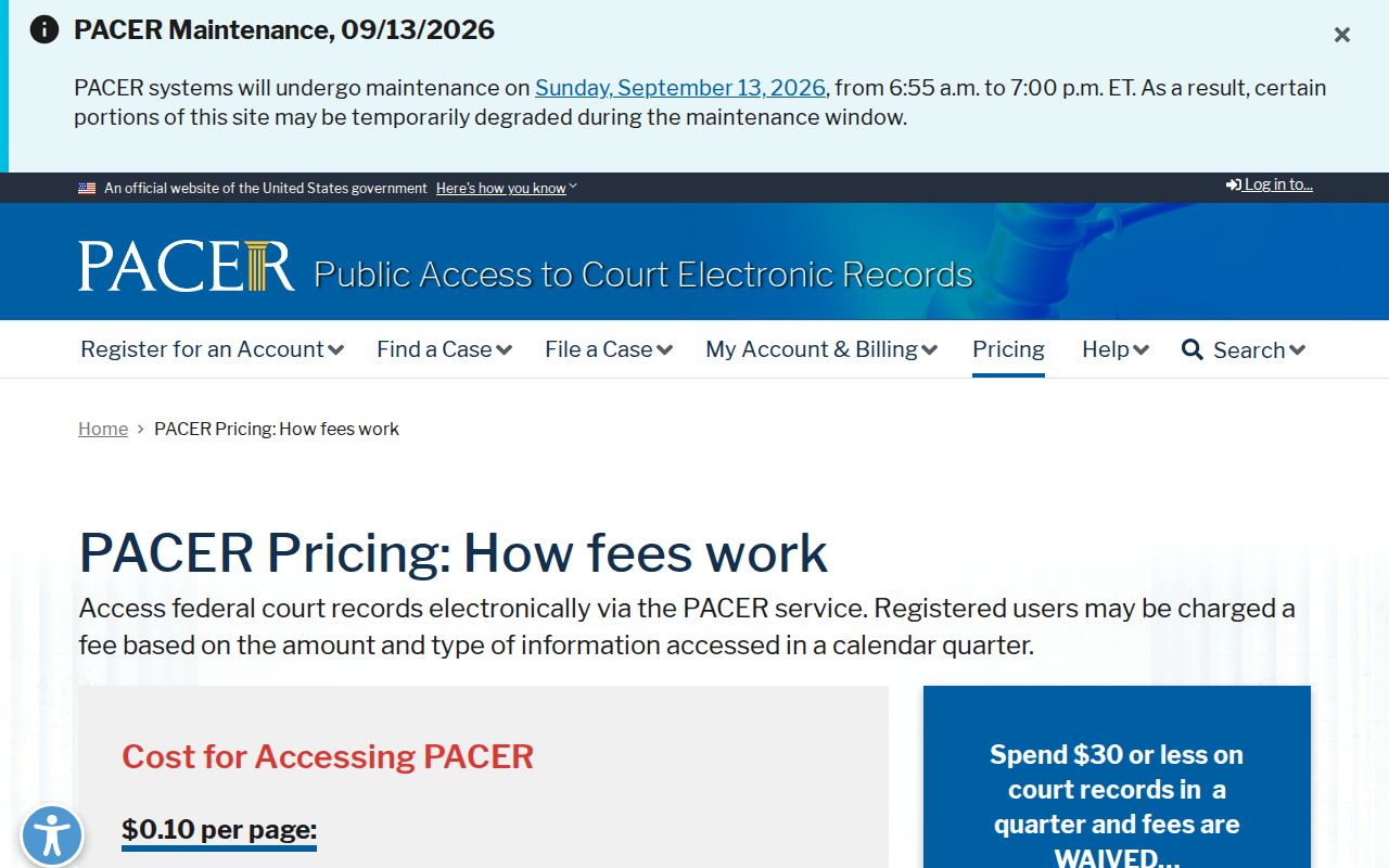 Official PACER federal docket pricing and access information