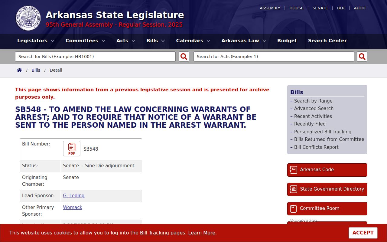 Official Arkansas Legislature page for proposed warrant-notice reform
